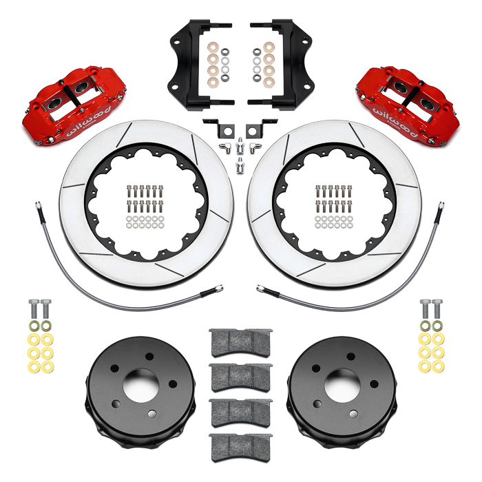 Wilwood Forged Narrow Superlite 4R Big Brake Rear Brake Kit For OE Parking Brake Parts Laid Out - Red Powder Coat Caliper
