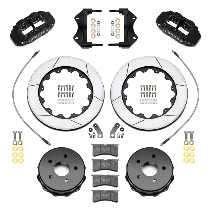 Wilwood Forged Narrow Superlite 4R Big Brake Rear Brake Kit For OE Parking Brake Parts Laid Out - Black Powder Coat Caliper