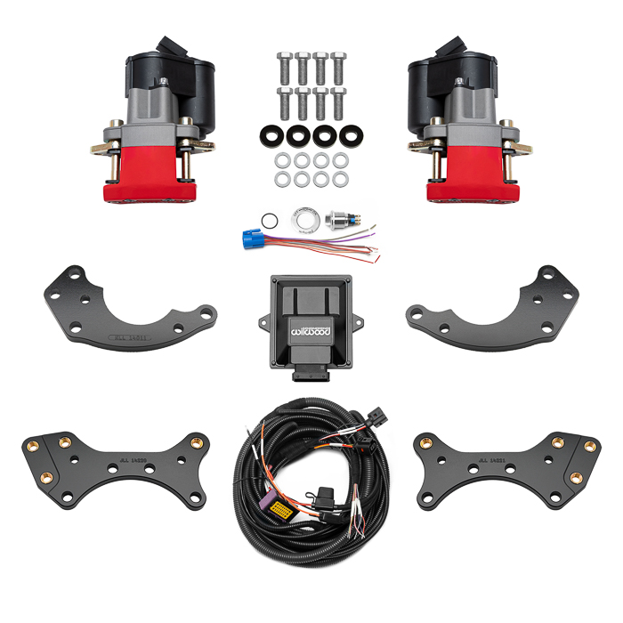 Wilwood EPB Rear Pro Street Parking Brake Upgrade Kit Parts Laid Out - Red Powder Coat Caliper