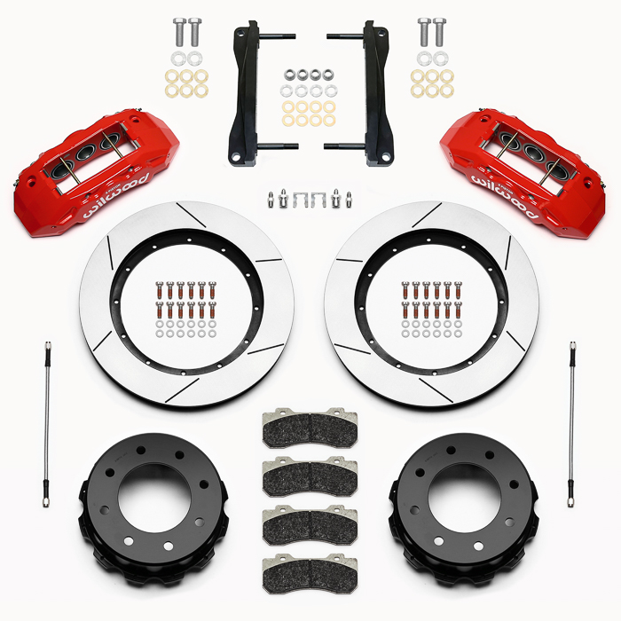 Wilwood TX6R Big Brake Truck Rear Brake Kit Parts Laid Out - Red Powder Coat Caliper - GT Slotted Rotor
