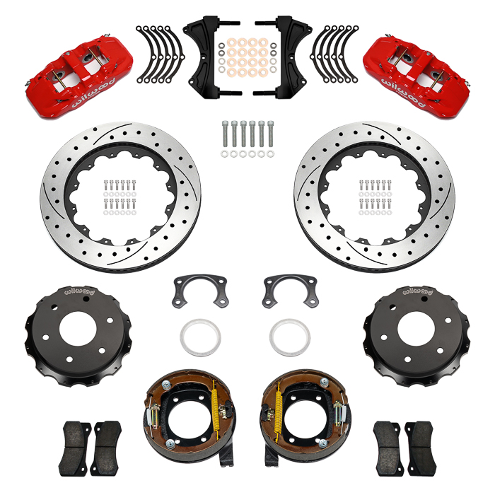 Wilwood AERO4 Big Brake Rear Parking Brake Kit Parts Laid Out - Red Powder Coat Caliper - SRP Drilled & Slotted Rotor