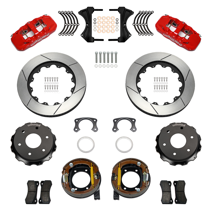 Wilwood AERO4 Big Brake Rear Parking Brake Kit Parts Laid Out - Red Powder Coat Caliper - GT Slotted Rotor