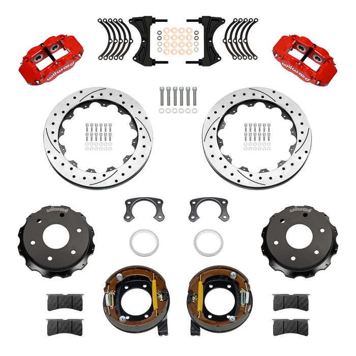 Wilwood Forged Narrow Superlite 4R Big Brake Rear Parking Brake Kit Parts Laid Out - Red Powder Coat Caliper - SRP Drilled & Slotted Rotor