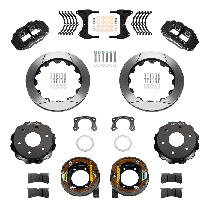 Wilwood Forged Narrow Superlite 4R Big Brake Rear Parking Brake Kit Parts Laid Out - Black Powder Coat Caliper - GT Slotted Rotor