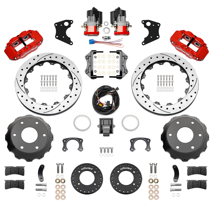 Wilwood Forged Narrow Superlite 4R Big Brake Rear Electronic Parking Brake Kit Parts Laid Out - Red Powder Coat Caliper - SRP Drilled & Slotted Rotor