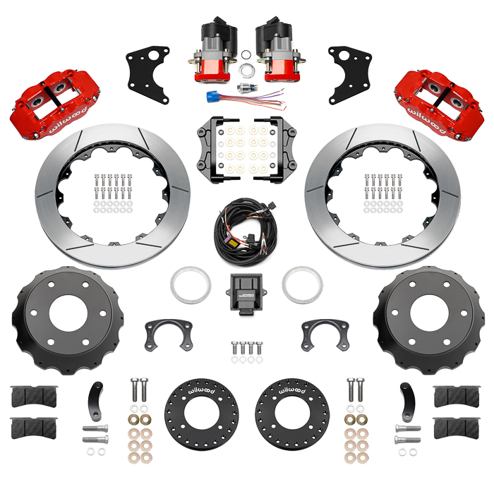 Wilwood Forged Narrow Superlite 4R Big Brake Rear Electronic Parking Brake Kit Parts Laid Out - Red Powder Coat Caliper - GT Slotted Rotor