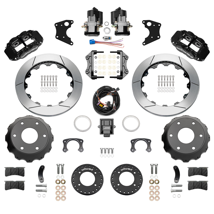 Wilwood Forged Narrow Superlite 4R Big Brake Rear Electronic Parking Brake Kit Parts Laid Out - Black Powder Coat Caliper - GT Slotted Rotor