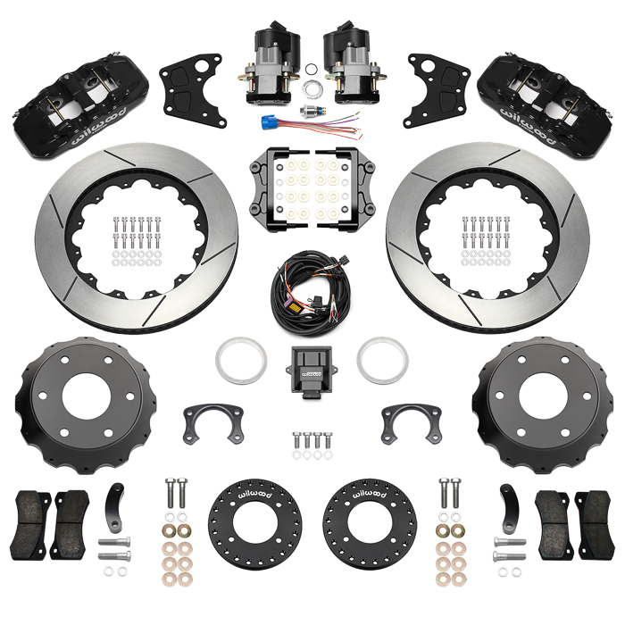 Wilwood AERO4 Big Brake Rear Electronic Parking Brake Kit Parts Laid Out - Black Powder Coat Caliper - GT Slotted Rotor