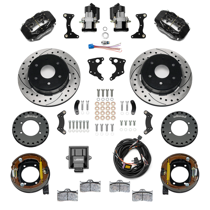 Wilwood Forged Dynalite Rear Electronic Parking Brake Kit Parts Laid Out - Black Powder Coat Caliper - SRP Drilled & Slotted Rotor