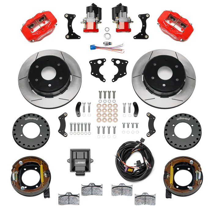 Wilwood Forged Dynalite Rear Electronic Parking Brake Kit Parts Laid Out - Red Powder Coat Caliper