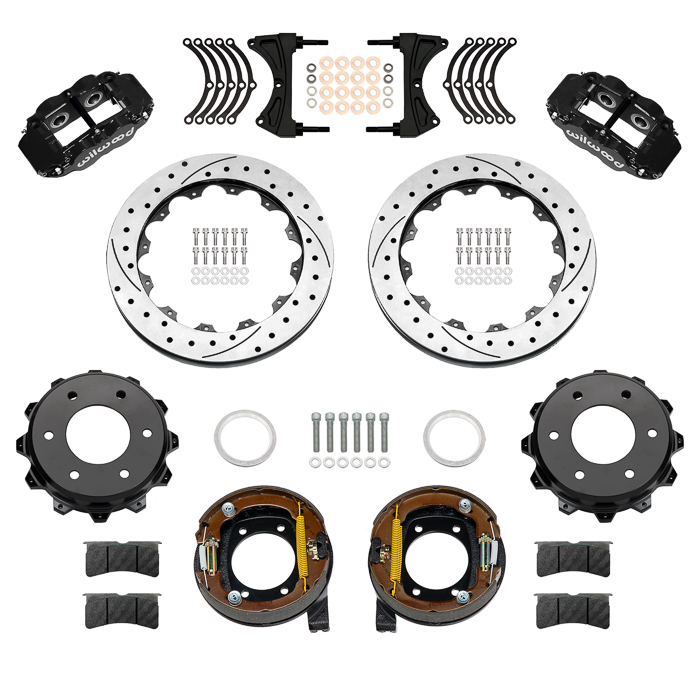 Wilwood Forged Narrow Superlite 4R Big Brake Rear Parking Brake Kit Parts Laid Out - Black Powder Coat Caliper - SRP Drilled & Slotted Rotor