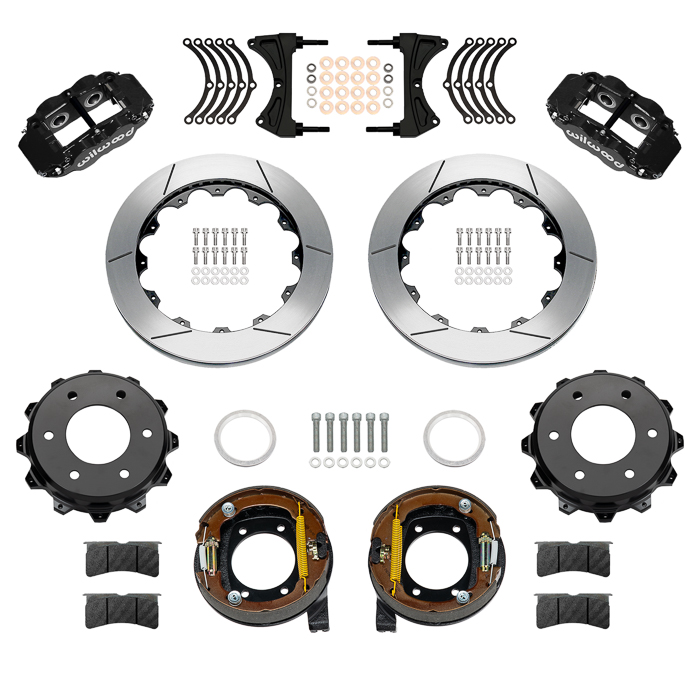 Wilwood Forged Narrow Superlite 4R Big Brake Rear Parking Brake Kit Parts Laid Out - Black Powder Coat Caliper - GT Slotted Rotor