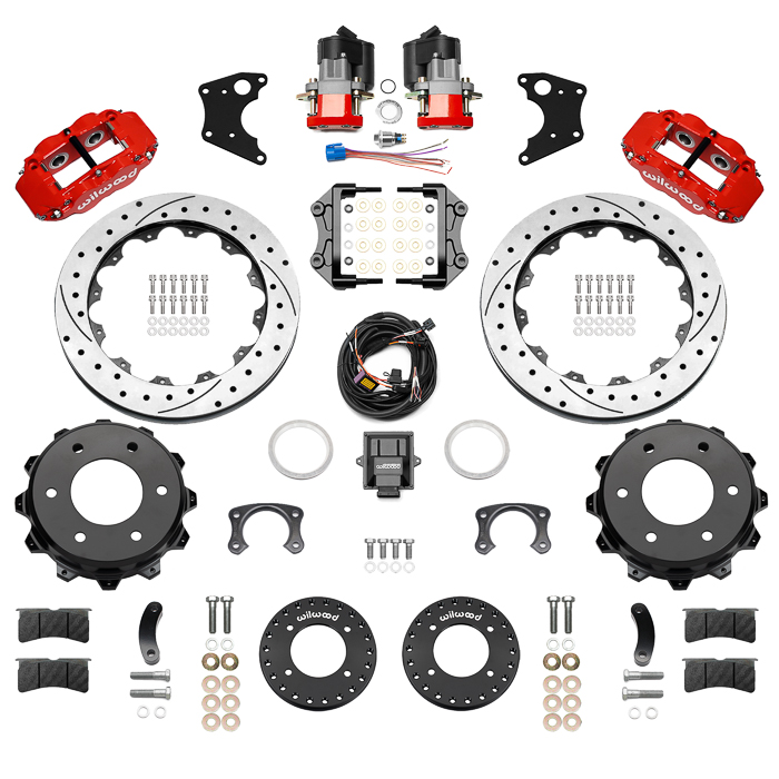 Wilwood Forged Narrow Superlite 4R Big Brake Rear Electronic Parking Brake Kit Parts Laid Out - Red Powder Coat Caliper - SRP Drilled & Slotted Rotor