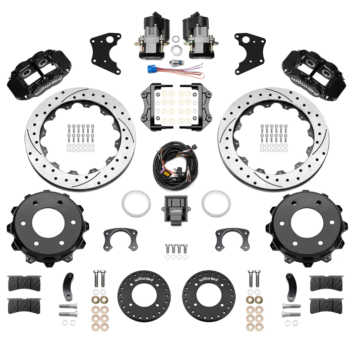 Wilwood Forged Narrow Superlite 4R Big Brake Rear Electronic Parking Brake Kit Parts Laid Out - Black Powder Coat Caliper - SRP Drilled & Slotted Rotor