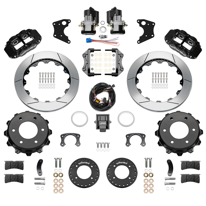 Wilwood Forged Narrow Superlite 4R Big Brake Rear Electronic Parking Brake Kit Parts Laid Out - Black Powder Coat Caliper - GT Slotted Rotor