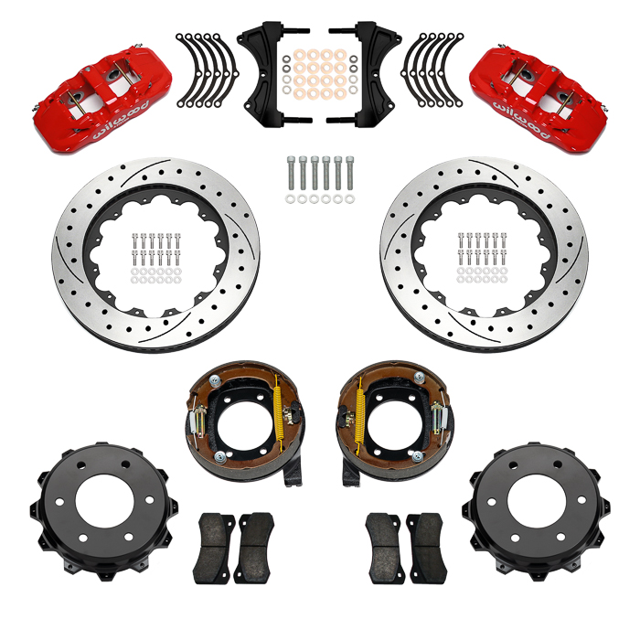 Wilwood AERO4 Big Brake Rear Parking Brake Kit Parts Laid Out - Red Powder Coat Caliper - SRP Drilled & Slotted Rotor