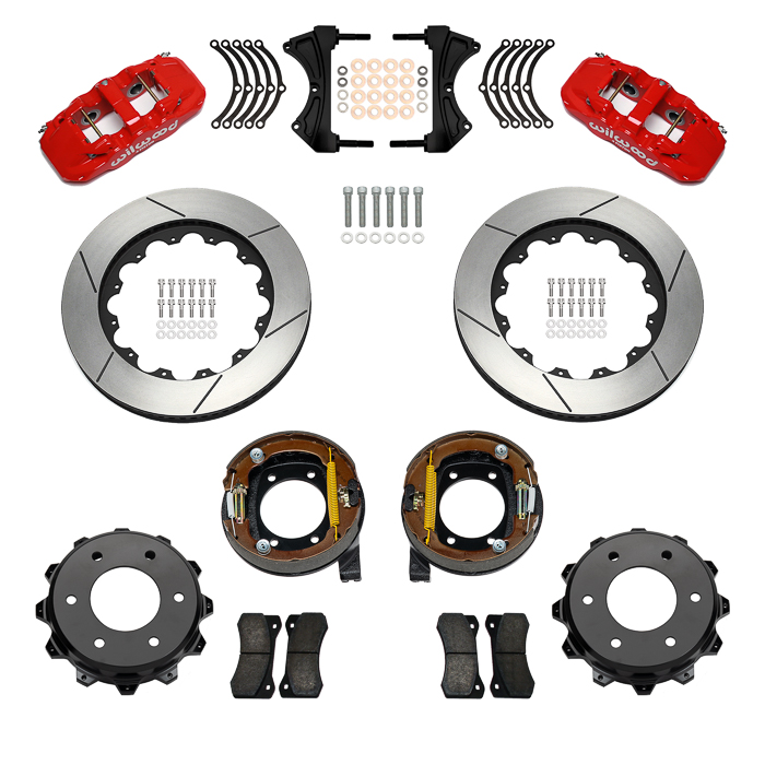 Wilwood AERO4 Big Brake Rear Parking Brake Kit Parts Laid Out - Red Powder Coat Caliper - GT Slotted Rotor