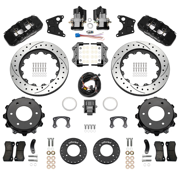 Wilwood AERO4 Big Brake Rear Electronic Parking Brake Kit Parts Laid Out - Black Powder Coat Caliper - SRP Drilled & Slotted Rotor