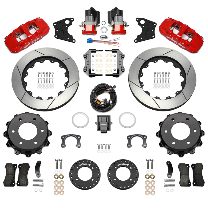 Wilwood AERO4 Big Brake Rear Electronic Parking Brake Kit Parts Laid Out - Red Powder Coat Caliper - GT Slotted Rotor