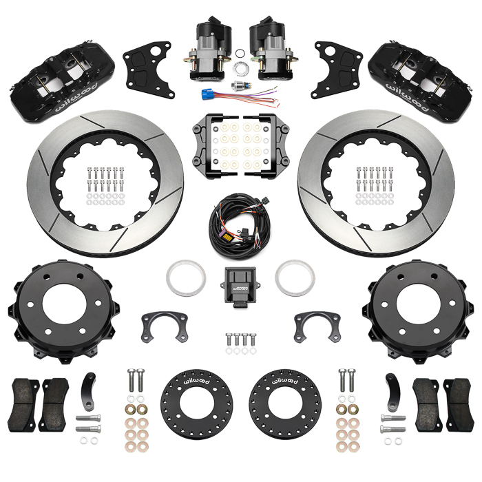 Wilwood AERO4 Big Brake Rear Electronic Parking Brake Kit Parts Laid Out - Black Powder Coat Caliper - GT Slotted Rotor
