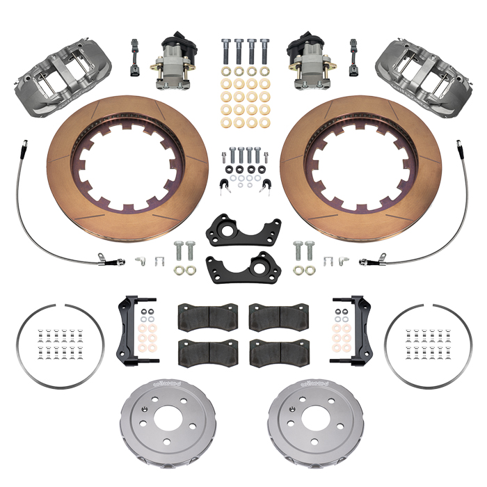 Wilwood AERO4 Big Brake Rear Lug Drive  Electronic Parking Brake Kit (Race) Parts Laid Out - GT Slotted Rotor