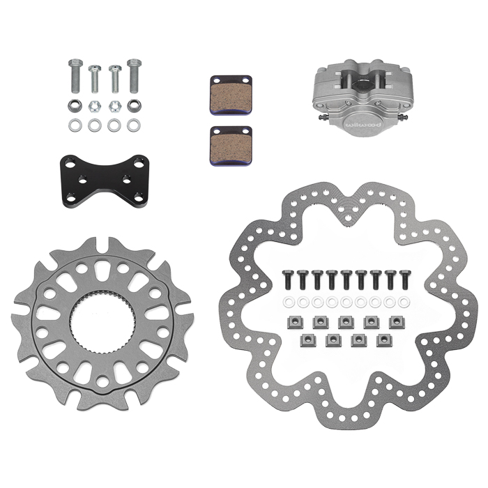 Wilwood GP200 Sprint Right Rear Brake Kit Parts Laid Out - Drilled Rotor