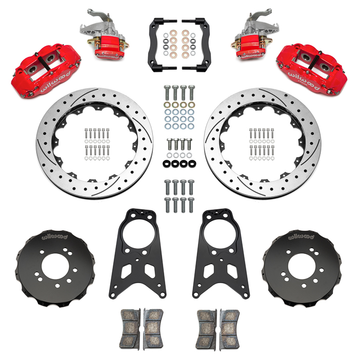 Wilwood Forged Narrow Superlite 4R-MC4 Big Brake Rear Parking Brake Kit Parts Laid Out - Red Powder Coat Caliper - SRP Drilled & Slotted Rotor