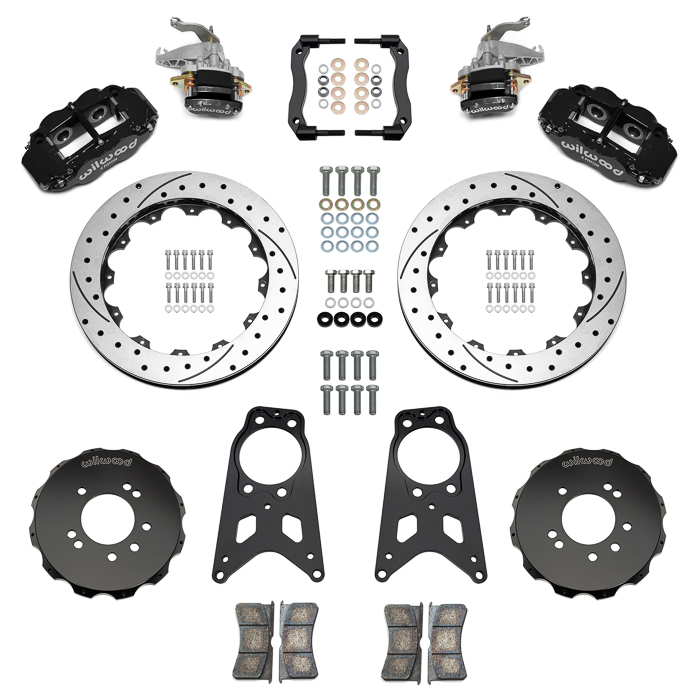 Wilwood Forged Narrow Superlite 4R-MC4 Big Brake Rear Parking Brake Kit Parts Laid Out - Black Powder Coat Caliper - SRP Drilled & Slotted Rotor