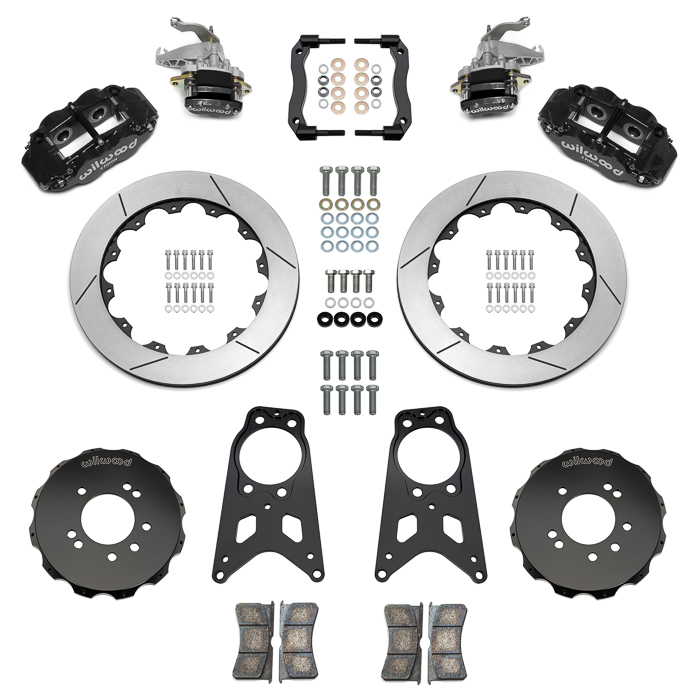 Wilwood Forged Narrow Superlite 4R-MC4 Big Brake Rear Parking Brake Kit Parts Laid Out - Black Powder Coat Caliper - GT Slotted Rotor