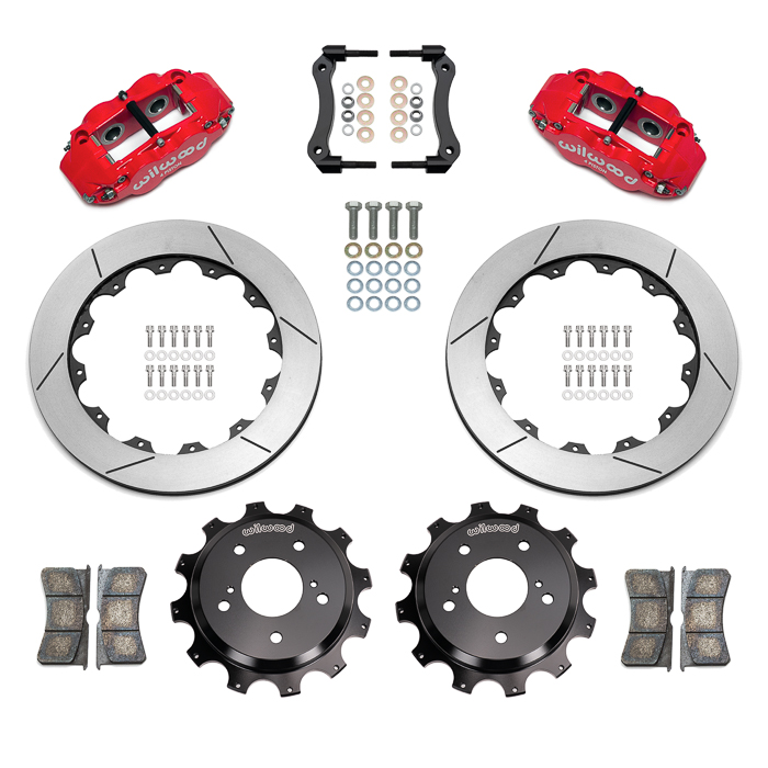 Wilwood Forged Narrow Superlite 4R Big Brake Rear Brake Kit For OE Parking Brake Parts Laid Out - Red Powder Coat Caliper - GT Slotted Rotor