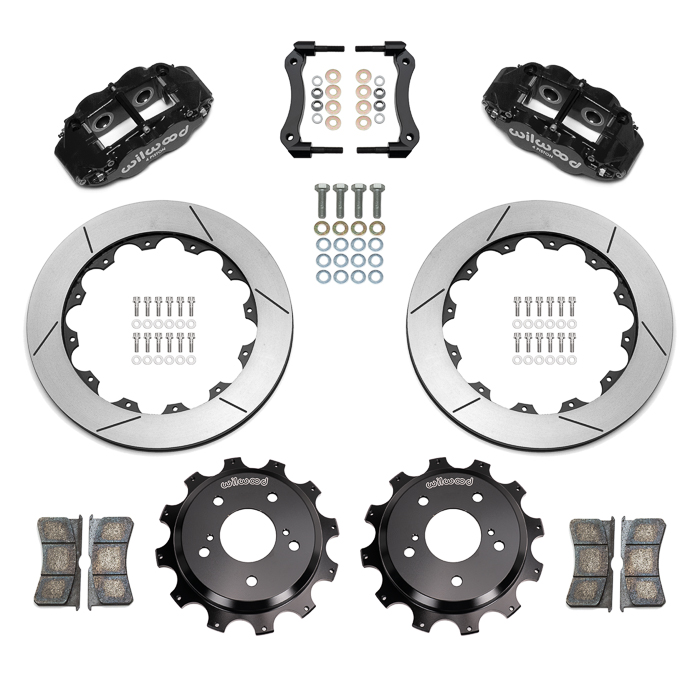 Wilwood Forged Narrow Superlite 4R Big Brake Rear Brake Kit For OE Parking Brake Parts Laid Out - Black Powder Coat Caliper - GT Slotted Rotor