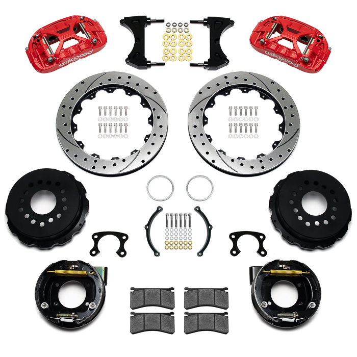 Wilwood Forged XRS4R Big Brake Rear Parking Brake Kit Parts Laid Out - Red Powder Coat Caliper - SRP Drilled & Slotted Rotor