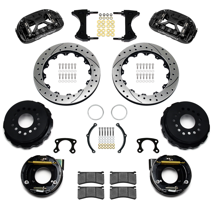 Wilwood Forged XRS4R Big Brake Rear Parking Brake Kit Parts Laid Out - Black Powder Coat Caliper - SRP Drilled & Slotted Rotor