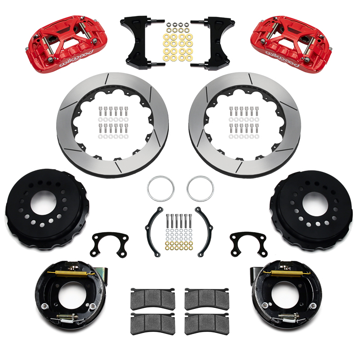 Wilwood Forged XRS4R Big Brake Rear Parking Brake Kit Parts Laid Out - Red Powder Coat Caliper - GT Slotted Rotor