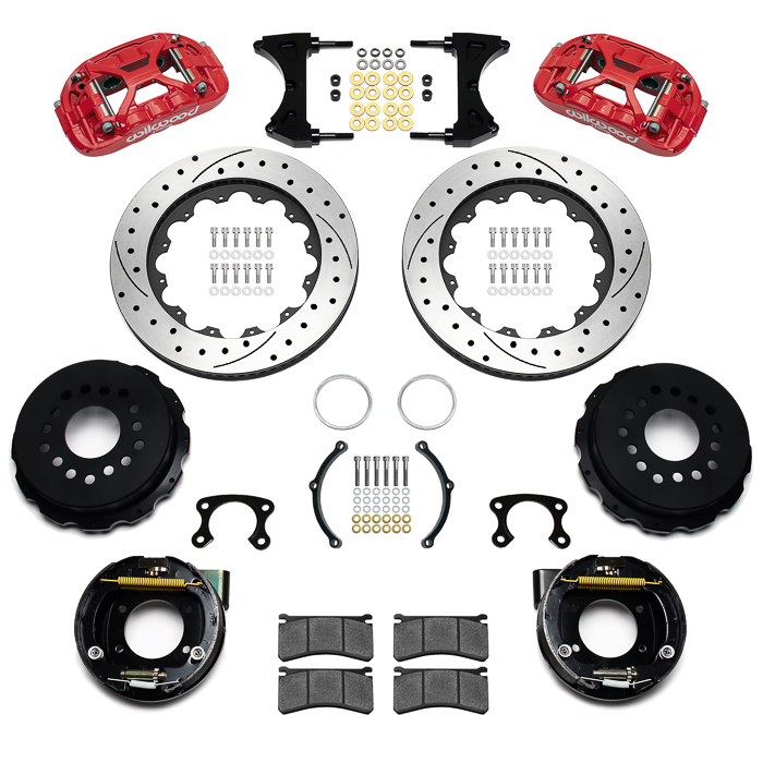Wilwood Forged XRS4R Big Brake Rear Parking Brake Kit Parts Laid Out - Red Powder Coat Caliper - SRP Drilled & Slotted Rotor