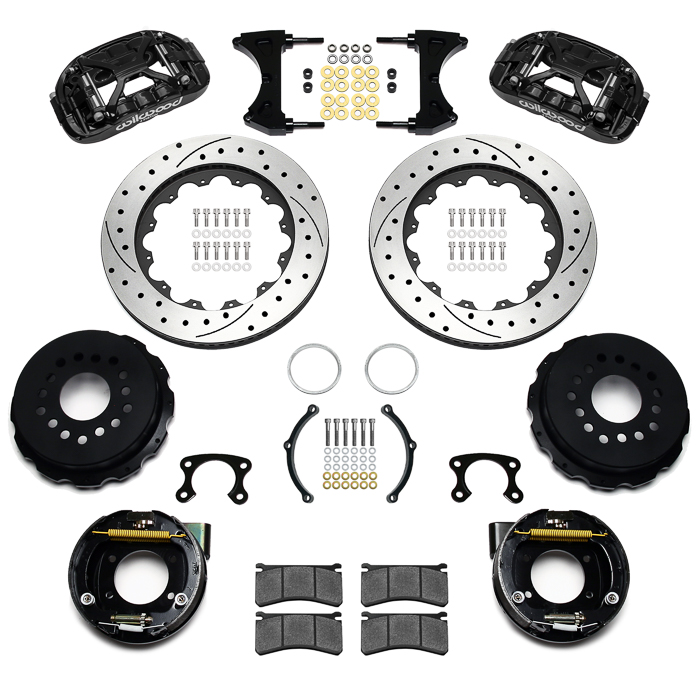Wilwood Forged XRS4R Big Brake Rear Parking Brake Kit Parts Laid Out - Black Powder Coat Caliper - SRP Drilled & Slotted Rotor