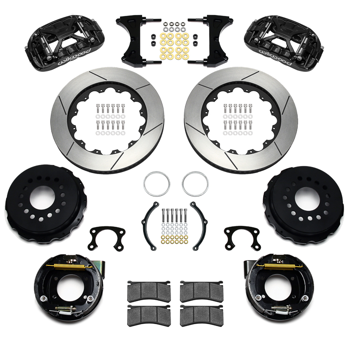 Wilwood Forged XRS4R Big Brake Rear Parking Brake Kit Parts Laid Out - Black Powder Coat Caliper - GT Slotted Rotor