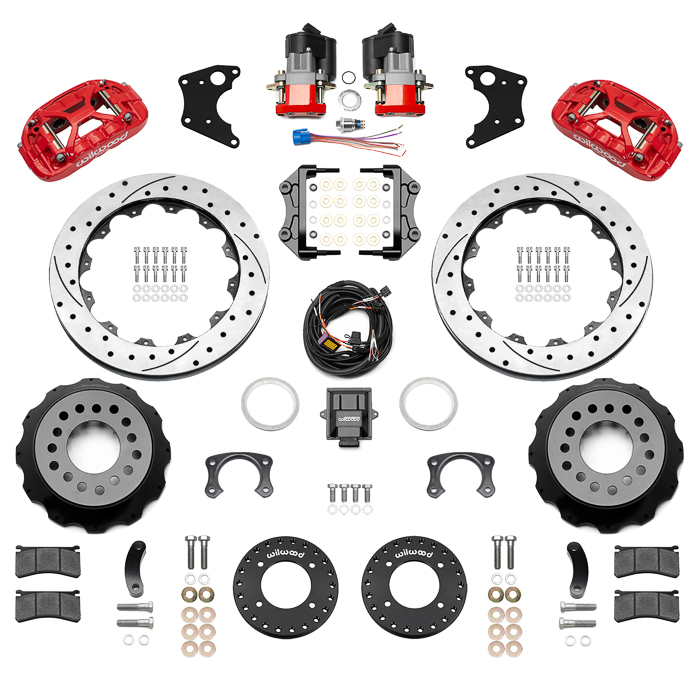 Wilwood Forged XRS4R Big Brake Rear Electronic Parking Brake Kit Parts Laid Out - Red Powder Coat Caliper - SRP Drilled & Slotted Rotor
