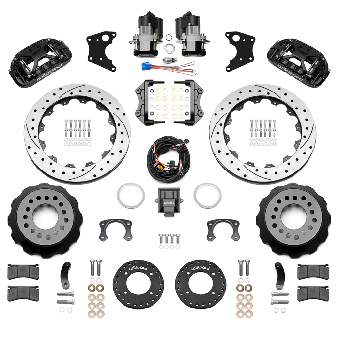 Wilwood Forged XRS4R Big Brake Rear Electronic Parking Brake Kit Parts Laid Out - Black Powder Coat Caliper - SRP Drilled & Slotted Rotor