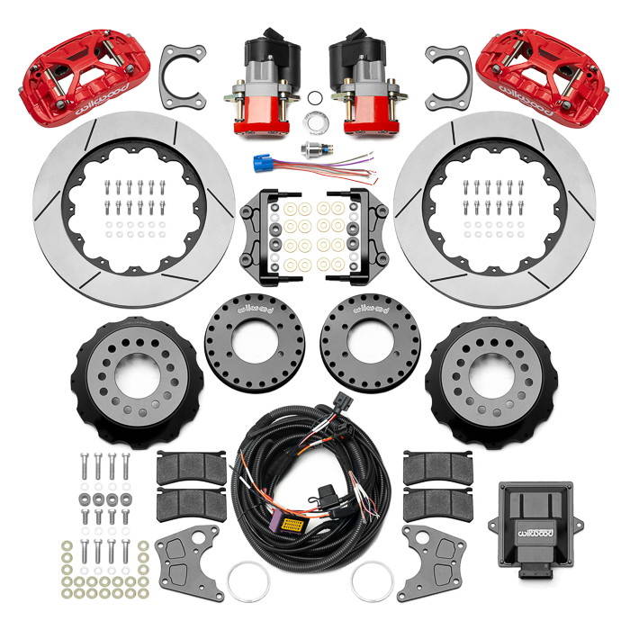 Wilwood Forged XRS4R Big Brake Rear Electronic Parking Brake Kit Parts Laid Out - Red Powder Coat Caliper - GT Slotted Rotor