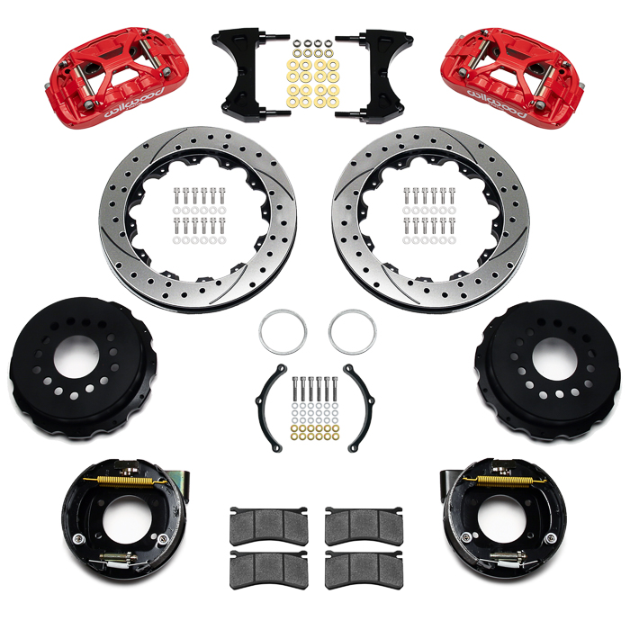 Wilwood Forged XRS4R Big Brake Rear Parking Brake Kit Parts Laid Out - Red Powder Coat Caliper - SRP Drilled & Slotted Rotor