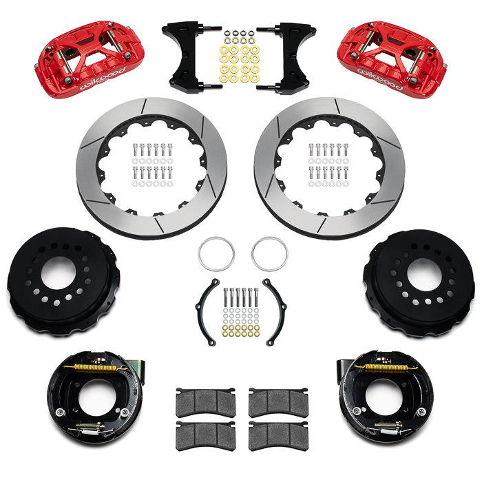 Wilwood Forged XRS4R Big Brake Rear Parking Brake Kit Parts Laid Out - Red Powder Coat Caliper - GT Slotted Rotor
