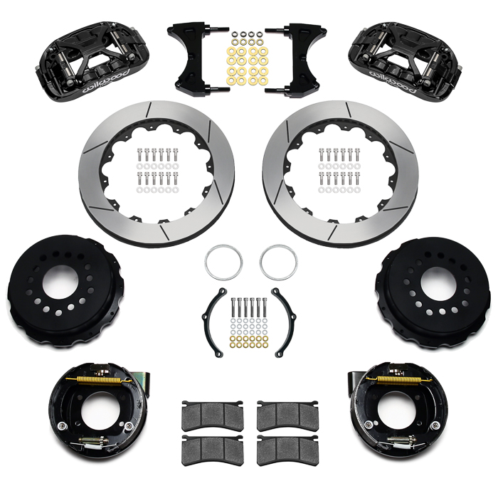 Wilwood Forged XRS4R Big Brake Rear Parking Brake Kit Parts Laid Out - Black Powder Coat Caliper - GT Slotted Rotor