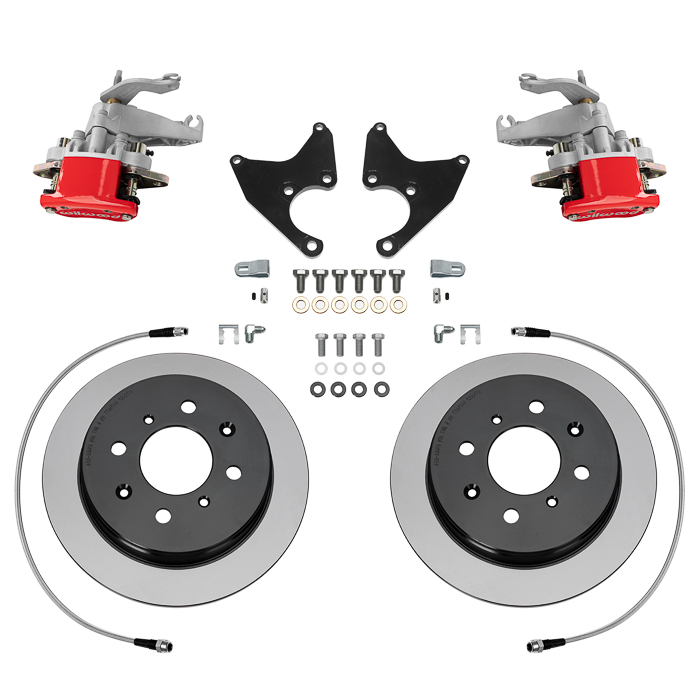 Wilwood HM7 Parking Brake Caliper Rear Brake Kit Parts Laid Out - Red Powder Coat Caliper - Plain Face Rotor