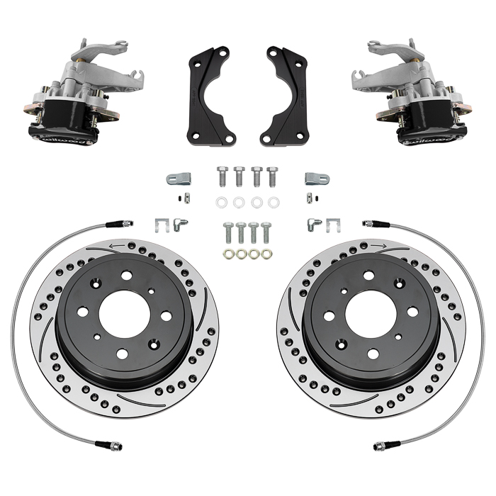 Wilwood HM7 Parking Brake Caliper Rear Brake Kit Parts Laid Out - Black Powder Coat Caliper - SRP Drilled & Slotted Rotor