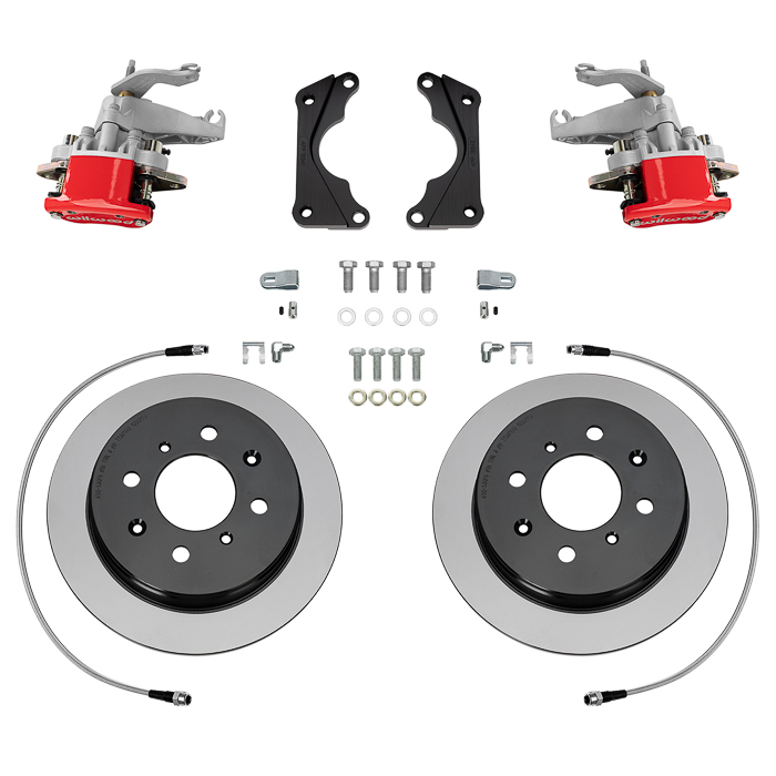 Wilwood HM7 Parking Brake Caliper Rear Brake Kit Parts Laid Out - Black Powder Coat Caliper - Plain Face Rotor