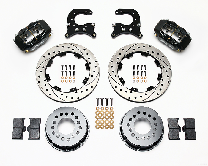 Wilwood Forged Dynalite Pro Series Rear Brake Kit Parts Laid Out - Black Powder Coat Caliper - SRP Drilled & Slotted Rotor