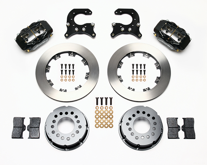 Wilwood Forged Dynalite Pro Series Rear Brake Kit Parts Laid Out - Black Powder Coat Caliper - Plain Face Rotor