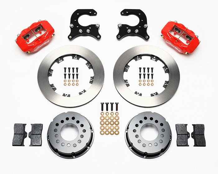 Wilwood Forged Dynalite Pro Series Rear Brake Kit Parts Laid Out - Red Powder Coat Caliper - Plain Face Rotor