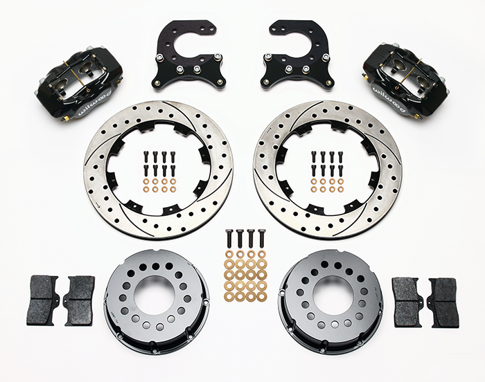 Wilwood Forged Dynalite Pro Series Rear Brake Kit Parts Laid Out - Black Powder Coat Caliper - SRP Drilled & Slotted Rotor